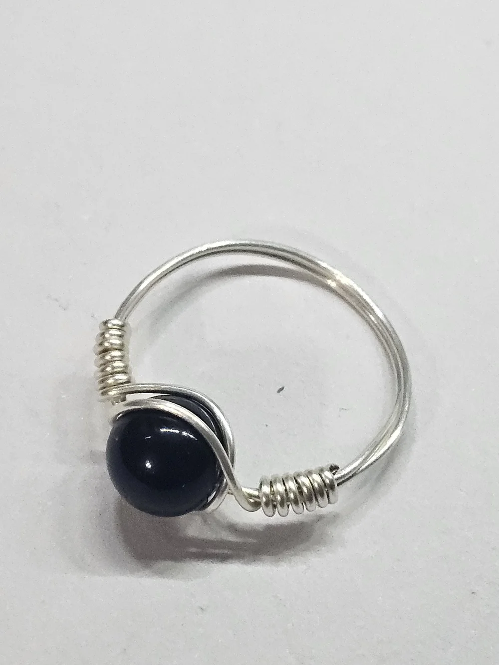 Handmade Silver Wire Wrap Ring with Black Obsidan Stone Bead